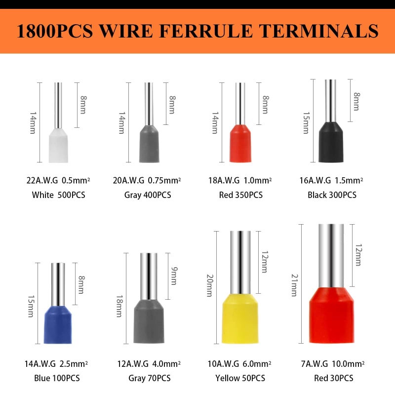 Camtek 1800Pcs Wire Ferrules Kit, Awg 22-7 Ferrule Crimping Kit Terminal Connector Wire Insulated Cord Pin Ends Terminals For Electric, Industrial - Image 2